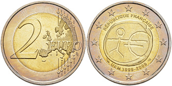 Франция 2 евро 2009 10 лет монетарной политики ЕС (EMU) и введения евро KM 1590 биметалл UNC 4111-713