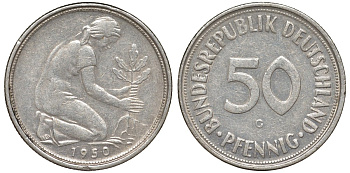 ФРГ 50 пфеннигов 1950 G KM 109, J. 384 медно-никель 4132-644