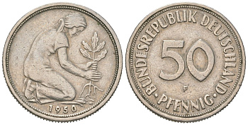 ФРГ 50 пфенингов 1950 F KM 109.1, J. 384 медно-никель 4147-225
