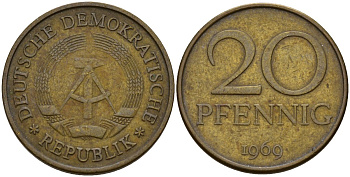 ГДР 20 пфеннигов 1969 A, первый год KM 11 латунь 92-731