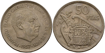 Испания 50 песет 1957 (58) Франсиско Франко (1939-1975) KM 788 медно-никель 189-616