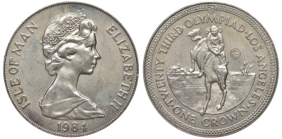 Остров Мэн 1 крона 1984 XXIII летние Олимпийские игры в Лос-Анджелесе 1984 года, конный спорт КМ 120 медно-никель UNC 118-1235