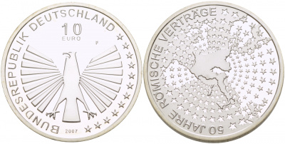 ФРГ 10 евро 2007 F, 50 лет Римскому договору KM 264, DE.S. 10.30 серебро PROOF 01-233-15
