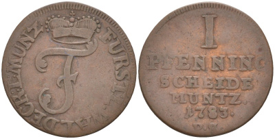 Вальдек-Пирмонт 1 пфенниг 1783 PS, Фридрих Карл Август (1763-1812) KM 42a, Slg. Hennig 194 Slg. Kayser 268 Weing?rtner 779 медь 187-1029