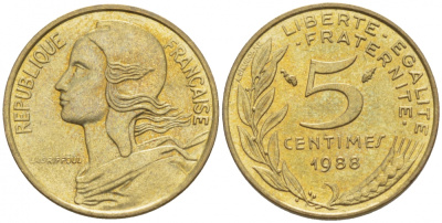 ФРАНЦИЯ 5 САНТИМОВ 1988 ТИП MARIANNE KM 933 медь алюминий никель 112-1166