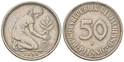 ФРГ 50 пфенингов 1950 F KM 109.1, J. 384 медно-никель 4147-225