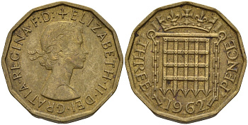 Великобритания 3 пенса 1962 Елизавета II (1952-2022) KM 900, Spink 4153 никель латунь 4146-347