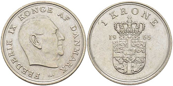 ДАНИЯ 1 КРОНА 1965 C;S, ФРЕДЕРИК IX (1947-1972) KM 851.1 медно-никель 202-812