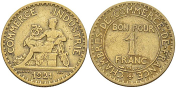ФРАНЦИЯ 1 ФРАНК 1921 CHAMBRES DE COMMERCE KM 876, LE FRANC 218.3 алюминиевая бронза 212-856