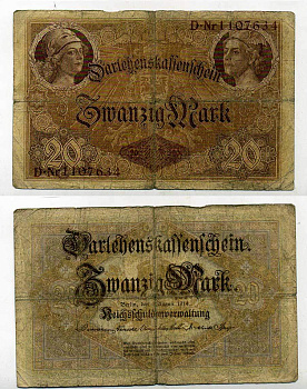 ГЕРМАНИЯ 20 МАРОК 1914 7 значный номер Pick 48 b бумага 6283-53-3