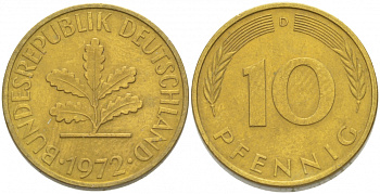 ФРГ 10 ПФЕННИГОВ 1972 D KM 108, J.383 сталь плакированная латунью 3996-624