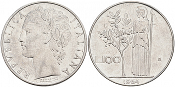 ИТАЛИЯ 100 ЛИР 1964 R, АФИНА KM 96.1 нержавеющая сталь 73-436