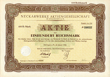 Германия 100 рейхсмарок 1928 АО Неккарверке в Эсслингене, акция   бумага 8801-75-1