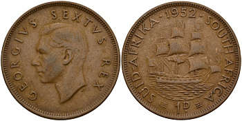 ЮАР 1 пенни 1952 Георг VI (1937-1952) KM 34.2 бронза 69-716