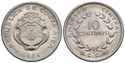 Коста-Рика 10 сентимо 1958  KM 185.1a сталь  UNC  4609-639