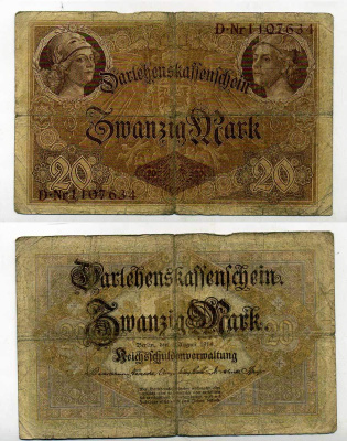 ГЕРМАНИЯ 20 МАРОК 1914 7 значный номер Pick 48 b бумага 6283-53-3