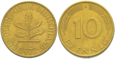 ФРГ 10 ПФЕННИГОВ 1972 D KM 108, J.383 сталь плакированная латунью 3996-624
