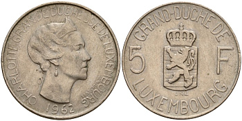 Люксембург 5 франков 1962 Великая герцогиня Шарлотта (1919-1964) KM 51 медно-никель 4150-926