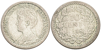 НИДЕРЛАНДЫ 10 ЦЕНТОВ 1918 ВИЛЬГЕЛЬМИНА серебро 188-1121