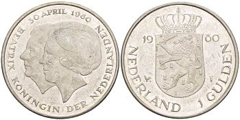 Нидерланды 1 гульден 1980 на коронацию Беатрикс, 30 апреля 1980 KM 200 никель 210-1232