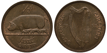 ИРЛАНДИЯ 1/2 ПЕННИ 1937 СВИНЬЯ С ПОРОСЯТАМИ KM 2 бронза aUNC 1525-913