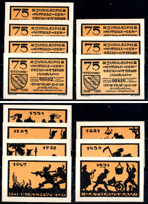 Ансбах (Бавария) полный набор из 7 нотгельдов (75 пфеннигов) 1921 Mehl Grabowski 35.1a-8-14/14 бумага UNC (пресс) 7556-43-4-1