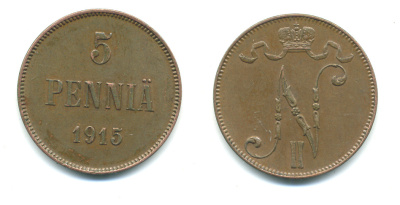 РОССИЯ ДЛЯ ФИНЛЯНДИИ 5 ПЕННИ 1915 НИКОЛАЙ II KM 15, Биткин 455 медь 4381-436