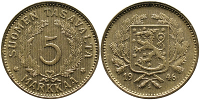ФИНЛЯНДИЯ 5 МАРОК 1946 S KM 31а латунь 4388-1017