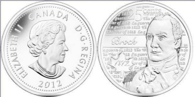 Канада 25 центов 2012 серия герои Канады в войне 1812-1815, Айзек Брок KM 1322 никелированная сталь UNC M47-18