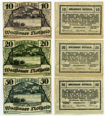 Австрия, Миттерарнсдорф набор из 3 банкнот 10, 20, 50 геллеров 1920 30 сентября 1920, нотгельд, земля Нижняя Австрия   бумага  UNC (пресс) 7555-29-2-1