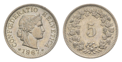Швейцария 5 раппенов 1967 B KM 26 медно-никель 4611-859