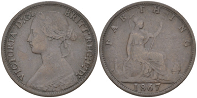 Великобритания 1 фартинг 1867 Виктория (1837-1901) KM 747.2, Spink 3958 бронза 63-244