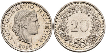 Швейцария 20 раппенов 2008 KM 29а медно-никель 92-915