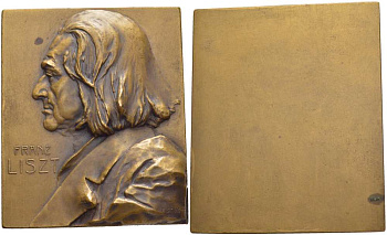АВСТРИЯ ПЛАКЕТКА ND ФЕРЕНЦ ЛИСТ (1811-1886), ВЕНГЕРСКИЙ КОМПОЗИТОР, ПИАНИСТ, ПЕДАГОГ, ДИРИЖЕР, ПУБЛИЦИСТ, РАЗМЕР 66Х55 ММ., МЕДАЛЬЕР F. STIASNY бронза 1084-1-12