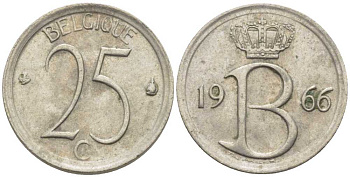 БЕЛЬГИЯ 25 САНТИМОВ 1966 BELGIQUE, БОДУЭН I (1951-1993) KM 153.1 медно-никель 116-952