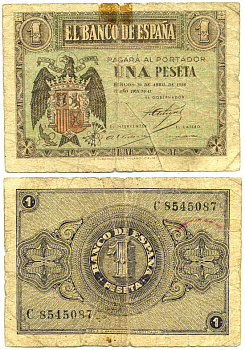 ИСПАНИЯ 1 ПЕСЕТА 1938 СЕРИЯ С Pick 108a бумага 7484-3-3-2