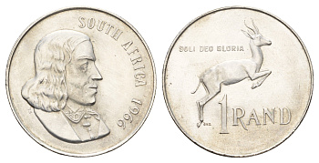 ЮАР 1 ранд 1966 Ян ван Рибек (1619-1677), South Africa, легенда на английском, антилопа KM 71.1 серебро UNC 1515-1823