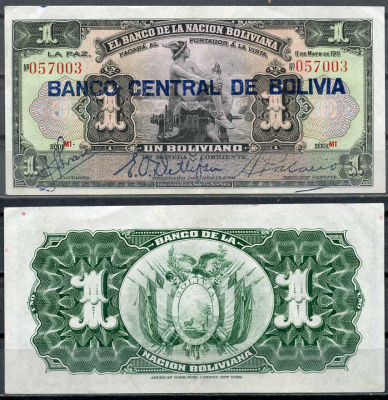 Боливия 1 боливиано 1911 (1929) надпечатка на Pick 103, серия M1, Меркурий Pick 112 (1)  бумага   7217-61-2-1