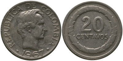 Колумбия 20 сентаво 1967 KM 227, Restrepo 394-1b сталь плакированная никелем 4529-527