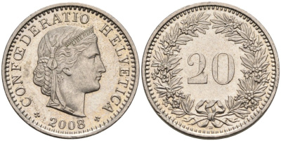 Швейцария 20 раппенов 2008 KM 29а медно-никель 92-915