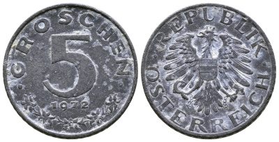 АВСТРИЯ 5 ГРОШЕЙ 1972 KM 2875 цинк 57-1312