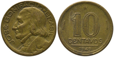 Бразилия 10 сентаво 1949 Жозе Бонифасиу де Андрада и Силва KM 561, Schon 66 алюминиевая бронза 4567-825