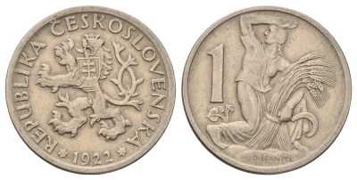 Чехословакия 1 крона 1922 женщина со снопом и серпом KM 4 медно-никель 4654-612