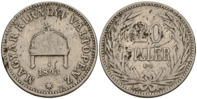 Венгрия 20 филлеров 1893 KB, Франц Иосиф I (1848-1916) KM 483 никель 4154-845