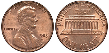 США 1 цент 1983 D KM 201b цинк плакированный медью 4547-1226