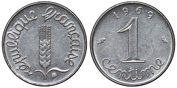 Франция 1 сантим 1969 пятая республика KM 928, Le Franc 106.18 нержавеющая сталь 4124-424