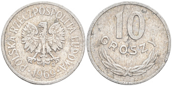 ПОЛЬША 10 ГРОШЕЙ 1969 MW KM АА47 алюминий 4516-1269