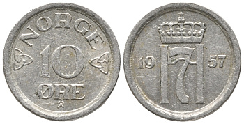 НОРВЕГИЯ 10 ЭРЕ 1957 ХОКОН VII (1905-1957) KM 396 медно-никель 100-1213