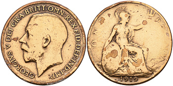 Великобритания 1 пенни 1919 Георг V (1910-1936) KM 810, Spink 4051 бронза    4149-424