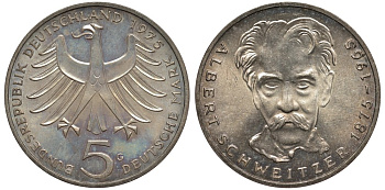 ФРГ 5 марок 1975 G, 100 лет со дня рождения Альберта Швейцара KM 143, J.418 серебро UNC 3855-924